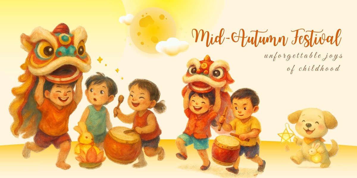 Children celebrating Vietnam Mid-Autumn Festival with lion dance, drums, lanterns, and joyful smiles